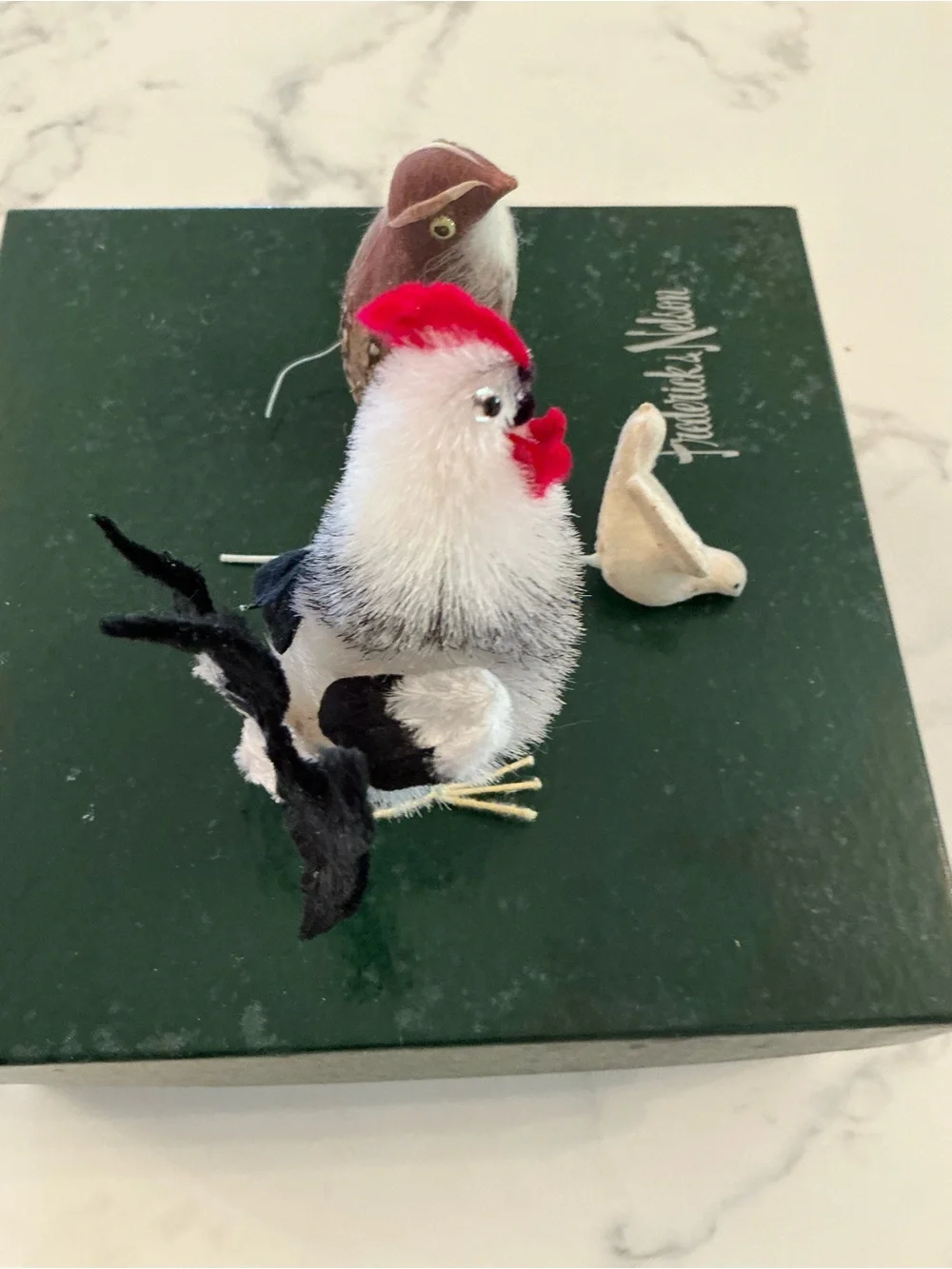 Set of Four Decorative Feather Birds - Neutral Tones with Red Accent